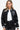 Women's black PU leather bomber jacket with varsity-inspired striped details, front view.