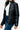 Side view of a sleek black women's puffer jacket with functional pockets.