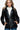 Front view of a women's black zip-up puffer jacket with a sleek finish.