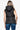 Back view highlighting the quilted pattern and cozy hood of the black vest.