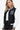 Side view of women’s PU leather bomber jacket in black with striped trim and white sleeves.