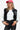 Women’s black PU leather bomber jacket with white sleeves and varsity-style snap-down closure.