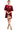 Full-length front view of burgundy embroidered velvet mini dress styled with gold heels.