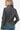 Back view highlighting the intricate stitching and slim-fit design of a women's charcoal PU jacket.