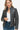 Sophisticated charcoal PU leather jacket for women, featuring a tailored fit and zipper details.