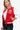 Side view of PU leather bomber jacket in red/white, showing sleek design.