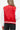 Back view of red PU leather bomber jacket with white contrast sleeves.
