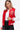 Red/white PU leather bomber jacket with snap closure on a model.