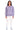 Woman wearing a light purple sweatshirt and white pants on a white background