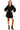 Woman wearing a black dress with brown trim on a white background