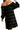 Back view of black off-shoulder dress showcasing its relaxed fit and luxurious velvet fabric.