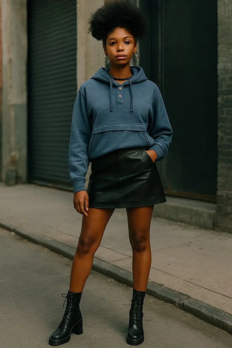 Snap hoodie paired with black leather mini skirt and chunky black boots for an urban edge