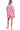 Model back view of pink romper with clean finish and contrast details