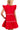 Red dress with white trim worn by a person on a white background
