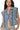 Model wearing dusty blue denim jacket with cropped hem and edgy zipper accents