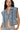 Model wearing dusty blue denim jacket with cropped hem and edgy zipper accents