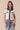 Model front view in boho floral shirt with soft drape and contrast panels