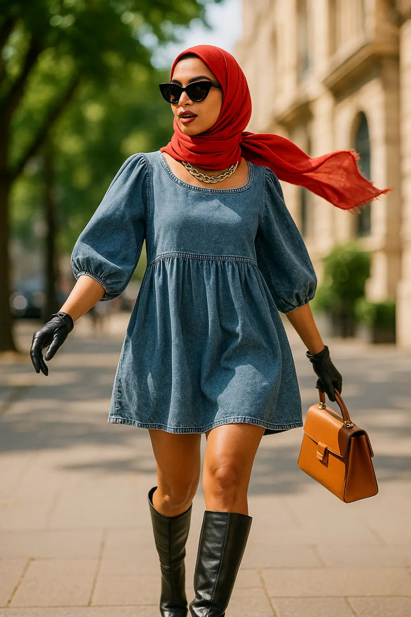 Denim mini dress with red scarf and gloves styled for bold fall city streetwear