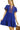 Front view of dark blue mini dress featuring embroidered neckline and puff sleeves