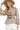 Front view of light brown floral top with smocked waist and ruffle sleeves