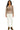 Woman wearing a patterned blouse and white pants on a white background