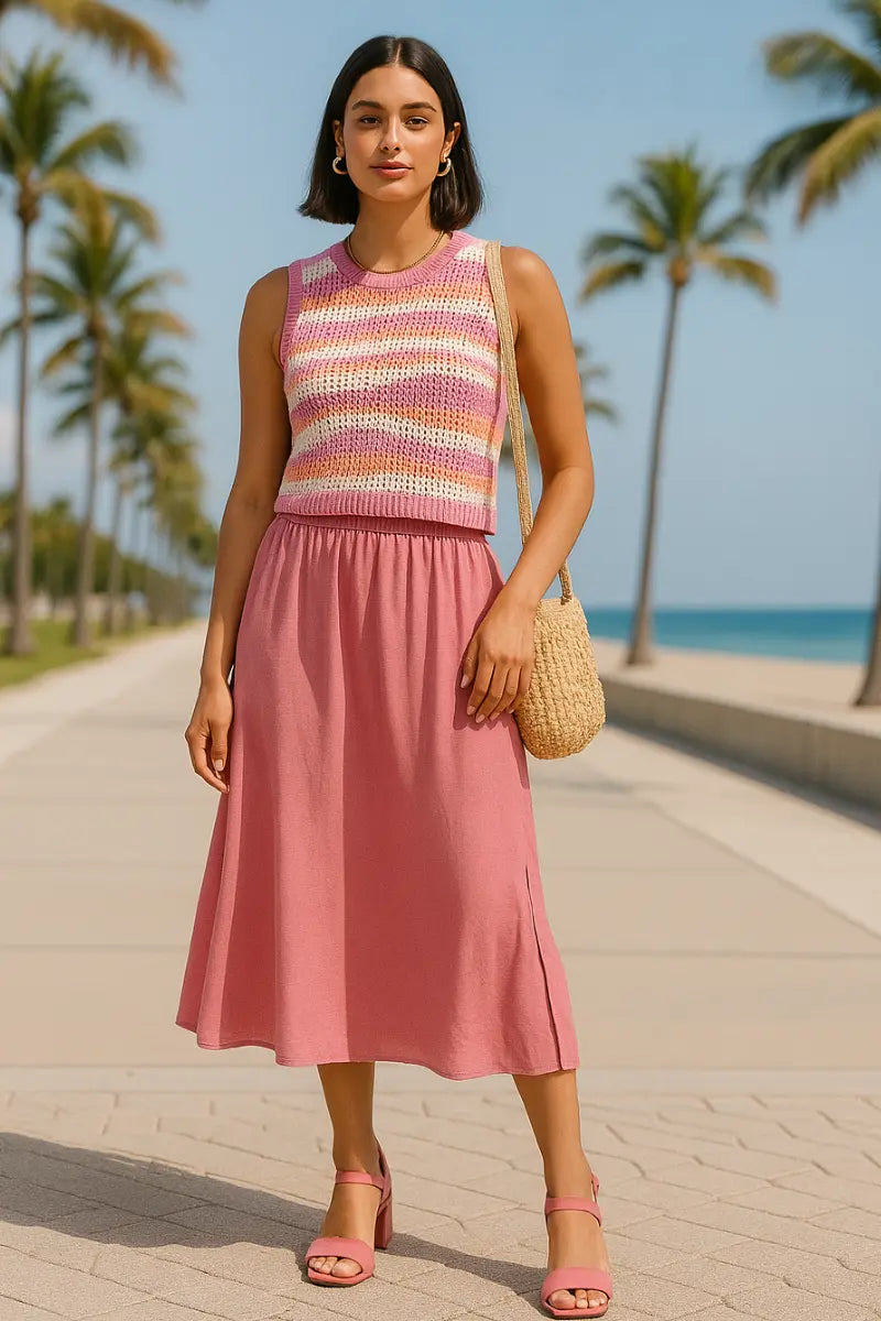 Pink knit tank styled with pink skirt and straw bag for coastal summer outing