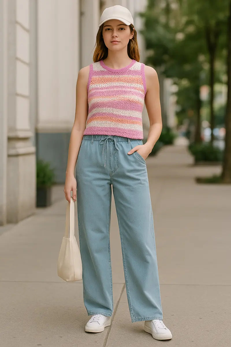 Multicolor crop tank styled with light denim and white sneakers for laid-back errands