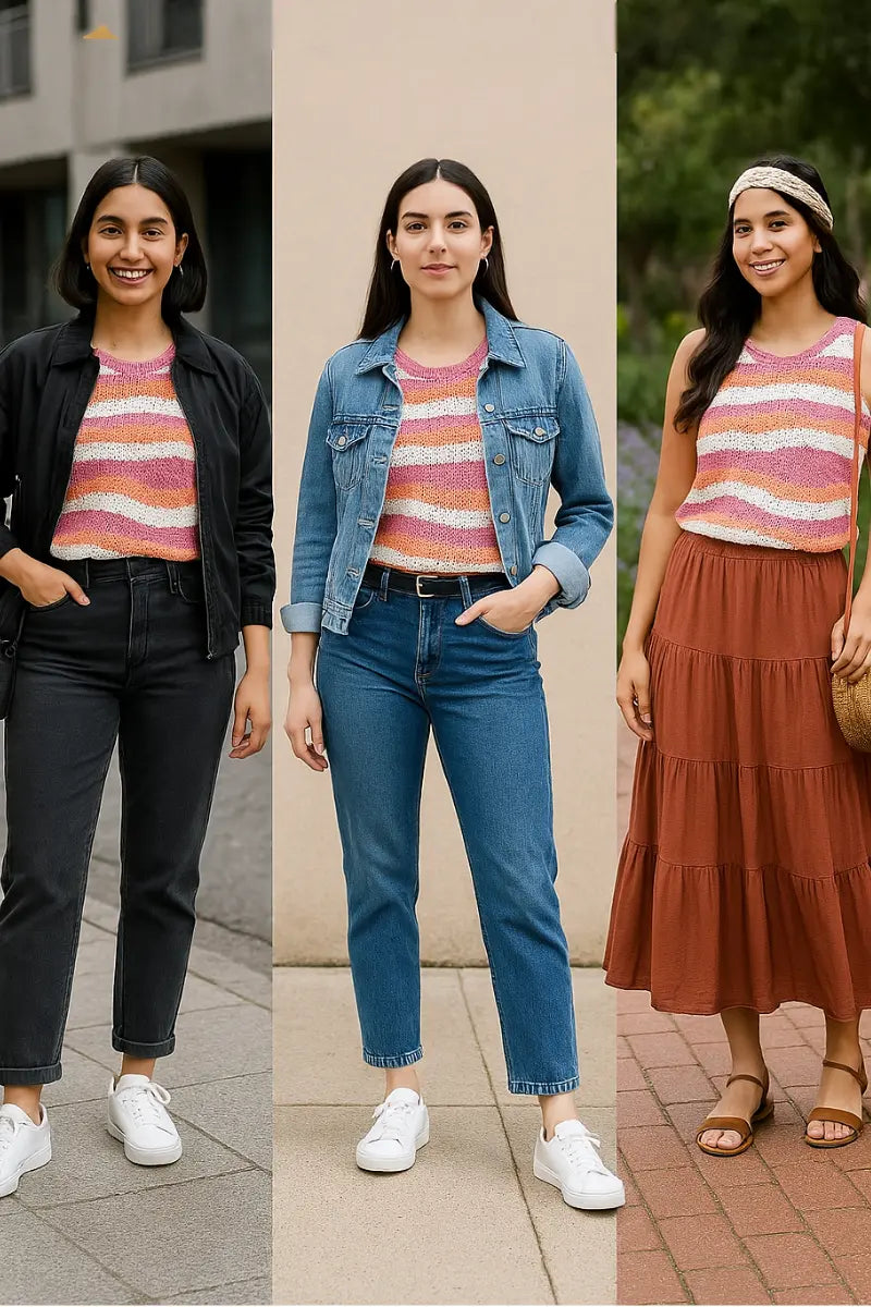 Pink striped crop tank styled with black jeans and bomber jacket for casual city look