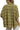 Back view of olive green jacquard shirt with heart texture and frayed hemline