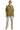 Model wearing olive green jacquard shirt with heart pattern and frayed hem, casual styling