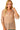 Model front view in taupe hooded knit top with floral lace and relaxed fit