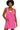 Front view of hot pink denim dress with deep V-neckline and raw hem.