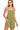 Front view of light olive romper with square neckline, tie straps, and relaxed fit.