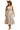 Front view of camel strapless midi dress with smocked top and tiered skirt.