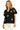Model wearing embroidered blouse with light trousers and shoulder-length sleeves.