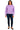 Model wearing lavender sweatshirt with jeans in casual styling.
