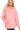 Front view of pink oversized hoodie showing curved hem and full coverage