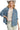 Front view of blue paisley denim jacket showing button front and classic collar