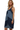 Side view of pinstripe ruffled mini dress showing tailored fit and lightweight cotton