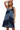 Women's blue pinstripe mini dress front view with ruffled details and pocketed design