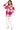 Person wearing a pink and white plaid shirt with white pants on a white background