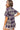 Woman wearing a plaid shirt with purple accents on a white background
