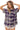 Woman wearing a plaid shirt with purple accents on a white background