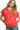 Front view of coral red sweatshirt with short sleeves and structured collar