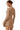 Back view of latte ribbed mini sweater dress with smooth finish and fitted shape.