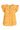 Front view of sherbet floral blouse with ruffle cap sleeves and V-neckline