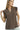 Front view of coffee brown shirt with pearl buttons and soft ruffle detail