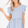 Woman in blue striped flutter sleeve top and white jeans for a fresh summer look.