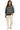 Woman wearing a black and white striped sweater with beige pants on a white background