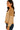 Side view of camel stripe sweater showing relaxed fit and exposed seams